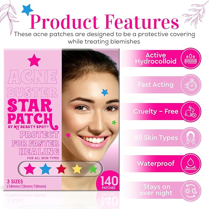 My Beauty Spot Pimple Patches - Cute Acne Patches for Face (140 Patches) with Hydrocolloid, Tea Tree Extract & Salicylic Acid, Colorful Fun Designs - Pimple Patches for Face Acne Spot Treatment