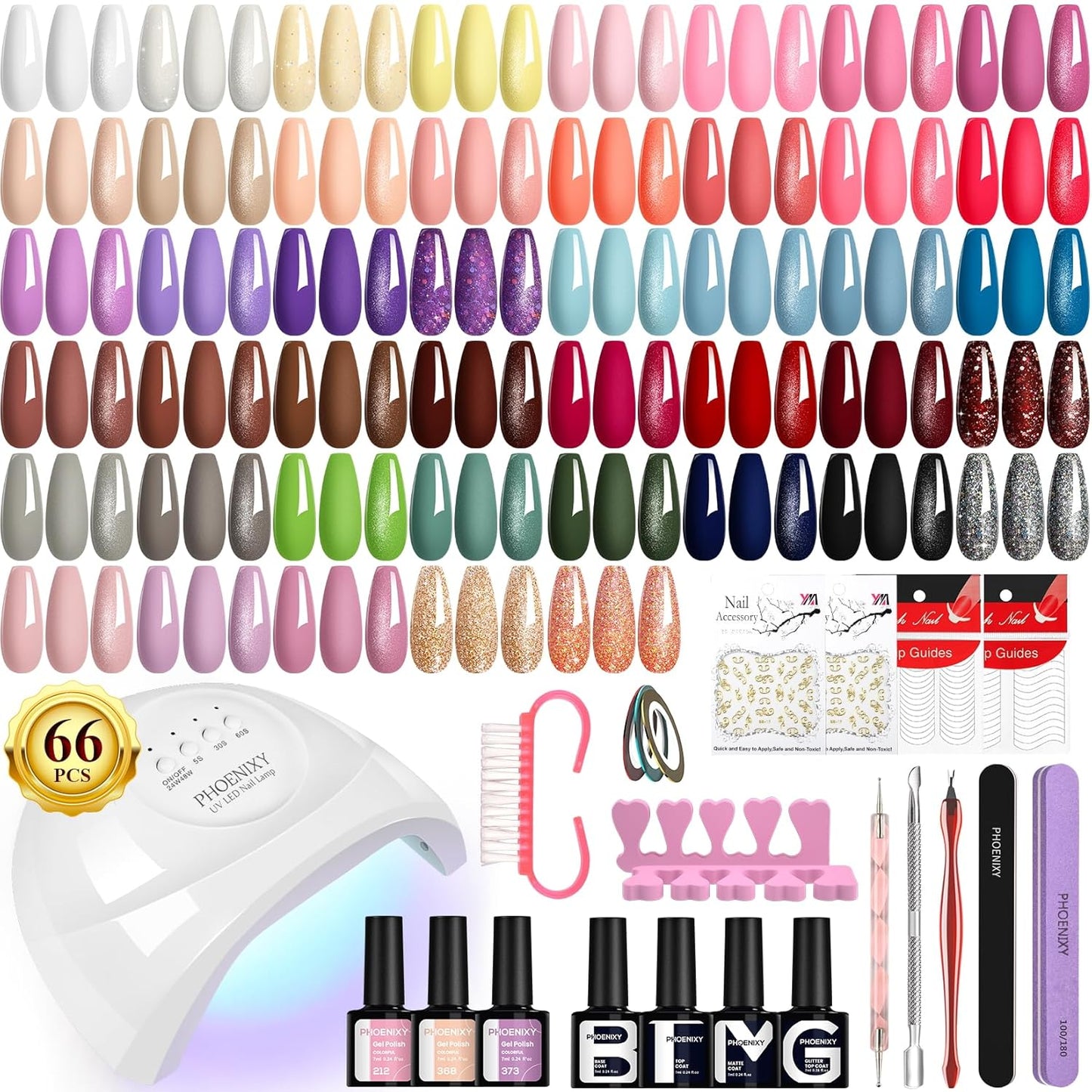 PHOENIXY Gel Nail Polish Kit with U V Light 48W, 66 Pcs 135 Effect Gel Nail Polish Set Base Glitter Top Coat Manicure Tools Gifts for Women
