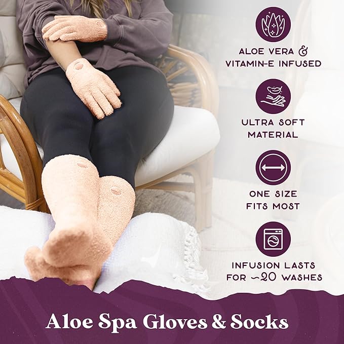 Purple Canyon Moisturizing Socks & Gloves and Heel Balm Foot Care Kit | Peach Socks and Gloves Infused with Aloe Vera and Vitamin E | Cracked Heel Treatment for Self Care