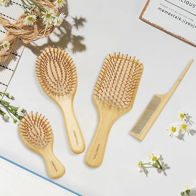 Bamboo Hair Brush and Comb Set for Women Men and Kids,Natural Bamboo wood Wide-tooth brush and tail comb - Paddle Detangling Brush for Wet Dry Curly Hair