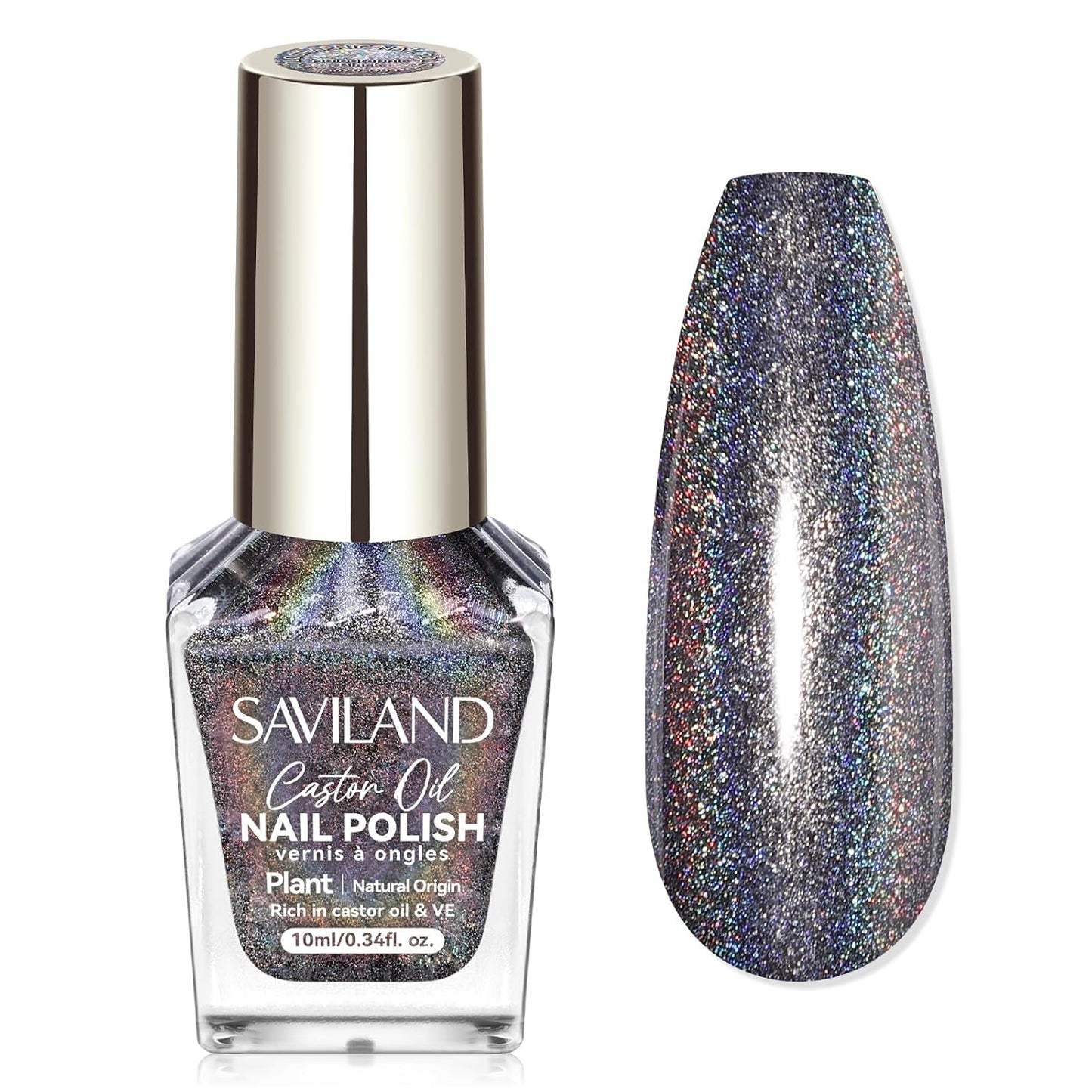 SAVILAND Holographic Black Nail Polish: Metallic Glitter Fingernail Polish Holographic Laser Plant-base Castor Oil Quick Dry Nail Polish Easy Use Remove Chrome Halo Nail Polish Beginner DIY Nail Tech