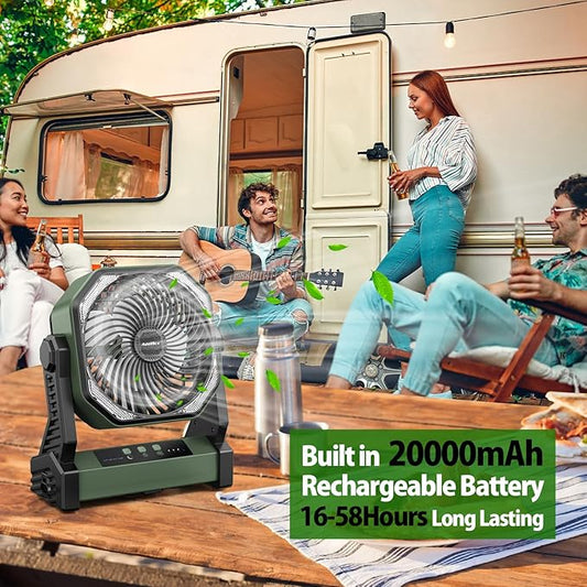 20000mAh Camping Fan, Rechargeable Portable Fan with 400 Lumes Light, 360° Rotatable Hook, 270° Pivot, 4 Speeds, 58Hrs Battery Powered for Tent Car Trip Outdoor BBQ Hurricane Power Outages
