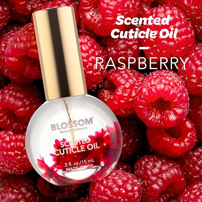 Blossom Hydrating, Moisturizing, Strengthening, Scented Cuticle Oil, Infused with Real Flowers, Made in USA, 2 Pack Bundle, Strawberry + Amazon Exclusive Raspberry
