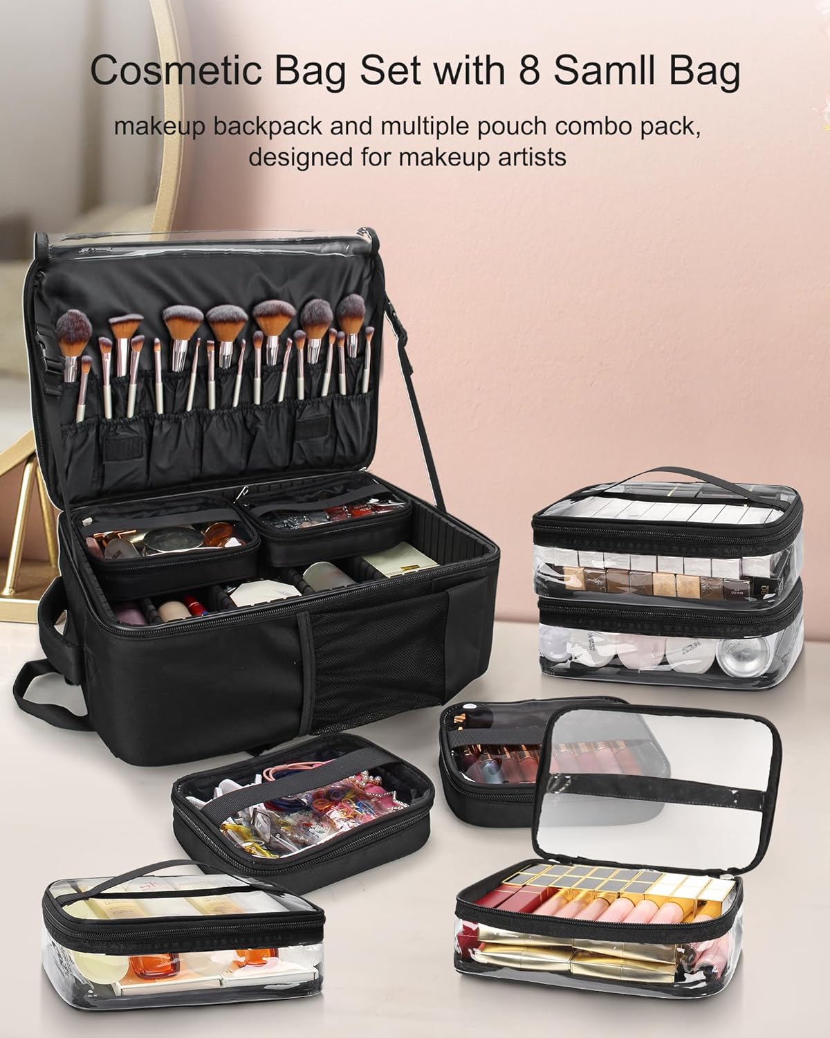 Makeup Backpack Professional Makeup Artist Bag Extra Large Cosmetic Bags with 8 Small Bags Double-Layer Travel Cosmetic Train Case Storage Organizer with Adjustable Divider
