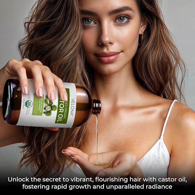 velona USDA Certified Organic Castor Oil – 16 fl oz | Cold-Pressed, Hexane-Free, USP Grade | Promotes Hair Growth, Eyelash & Eyebrow Enhancement | Skin & Scalp Moisturizer | Bottled in USA