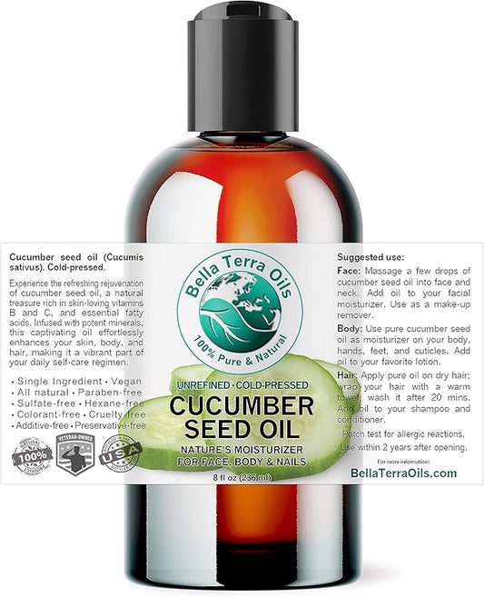Bella Terra Oils - Cucumber Seed Oil 8 oz - Dive into Cucumber's Nutritional Treasure, Infused with Vitamins & Omega-3, Seamless Addition to Skin Care Arsenal