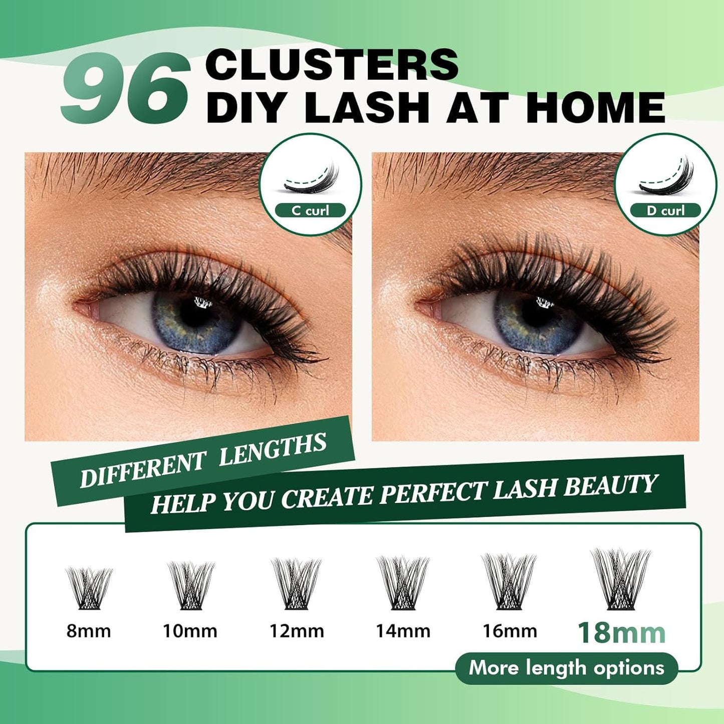 Lash Clusters 96pcs Individual Lashes C Curl 8-18MIX Eyelash Clusters KEYYOU Volume Wispy Lash Extension Soft&Comfortable Easy DIY at Home(Y01,C-8-18MIX)