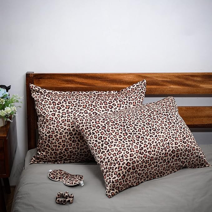 2 Pack Satin Pillowcase with Latent Zipper, Adjustable Satin Eye Mask for Sleeping and Satin Volume Scrunchie for Hair and Skin, Standard Size (Brown,Leopard Style)