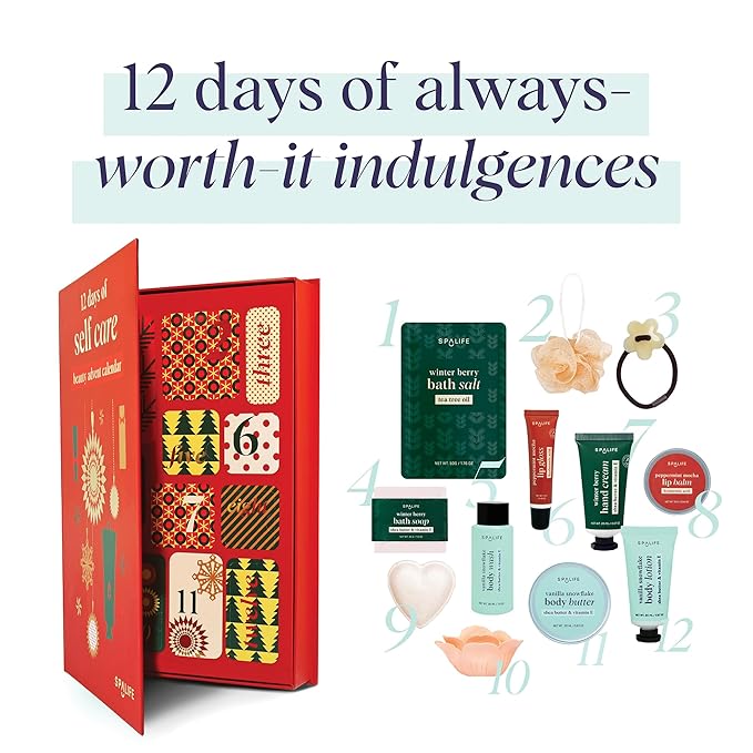 SpaLife Holiday 12-Day Beauty Advent Calendar – Travel-Friendly Skincare – Gift Set – 12 Days of Self-Care Spa Set – Body Care Skin Care – SpaLife Holiday Stocking Stuffer