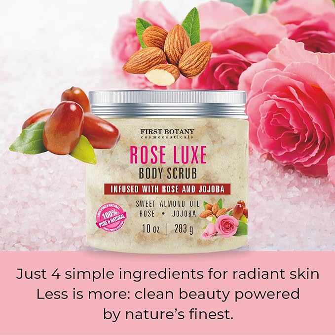 First Botany Body Scrub - Natural Exfoliating Salt Scrub & Body and Face Souffle helps with Moisturizing Skin, Acne, Cellulite, Dead Skin Scars, Wrinkles (10 fl oz, Rose)