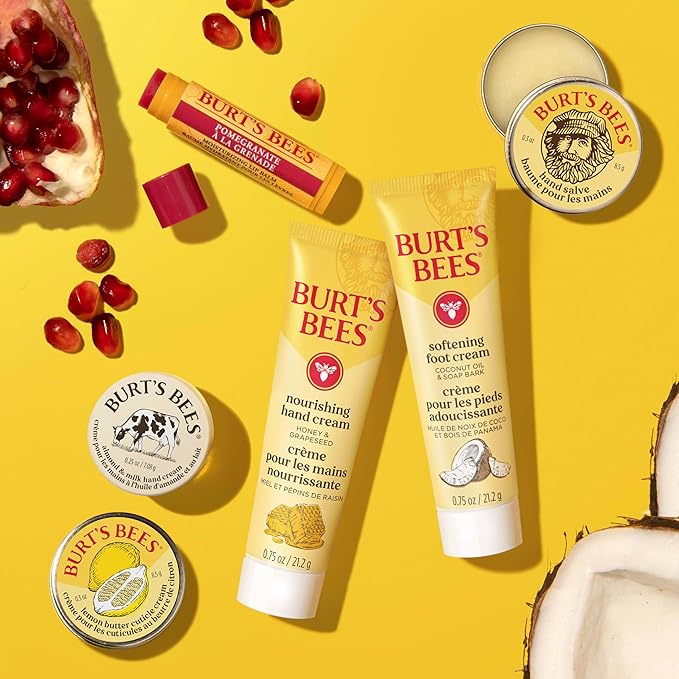 Burt's Bees Gifts Ideas, Tips and Toes Kit, 6 Travel Size Products - Pomegranate Moisturizing Lip Balm, 2 Hand Creams, Foot Cream, Cuticle Cream, and Hand Salve
