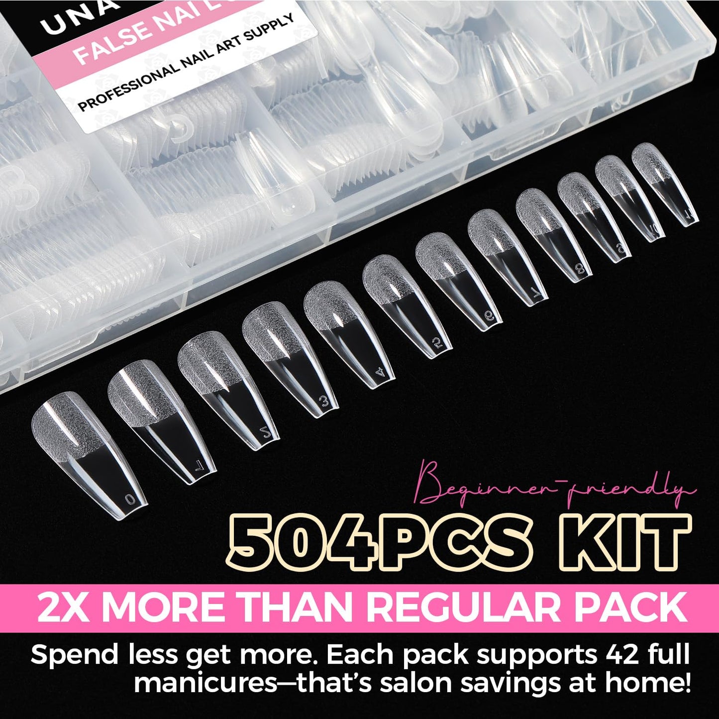 UNA GELLA Long Coffin Nail Tips, 504pcs Pre-Shape Fake Nails Half Matte Full Cover Acrylic Gel Nail Tips Clear Long Coffin Press On Nails Home DIY Extension 12 Sizes Gelly Tips