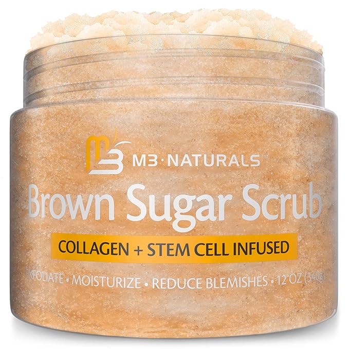 Brown Sugar Scrub Face Foot & Body Exfoliator Infused with Collagen and Stem Cell Exfoliating Salt Body Scrub for Toning Skin Cellulite Skin Care by M3 Naturals