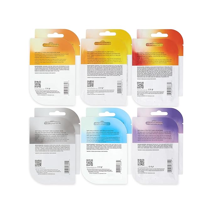Freeman Naturals Facial Mask 12 Piece Variety Bundle, Peel-Off, Gel & Cream Face Masks, Hydrating, Brightening, & Nourishing Skincare, Natural Ingredients, Travel Size, 0.33 fl. oz./10 ml Sachets