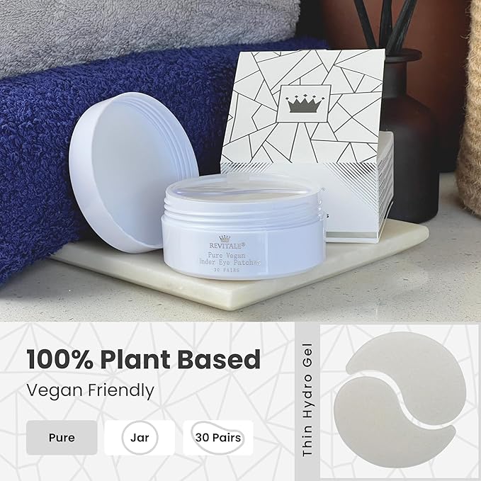 Pure Vegan Under Eye Patches, Helps Reduce Puffy Eyes & Dark Circles, Revitalise Dull Eye Masks - Nourishes, Renews, Soothes (Jar - 30 Pair)