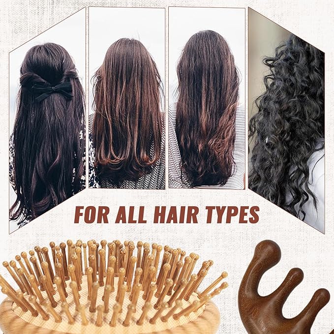 2Pcs Bamboo Scalp Massager Hair Growth, Anti-Static Wooden Brush