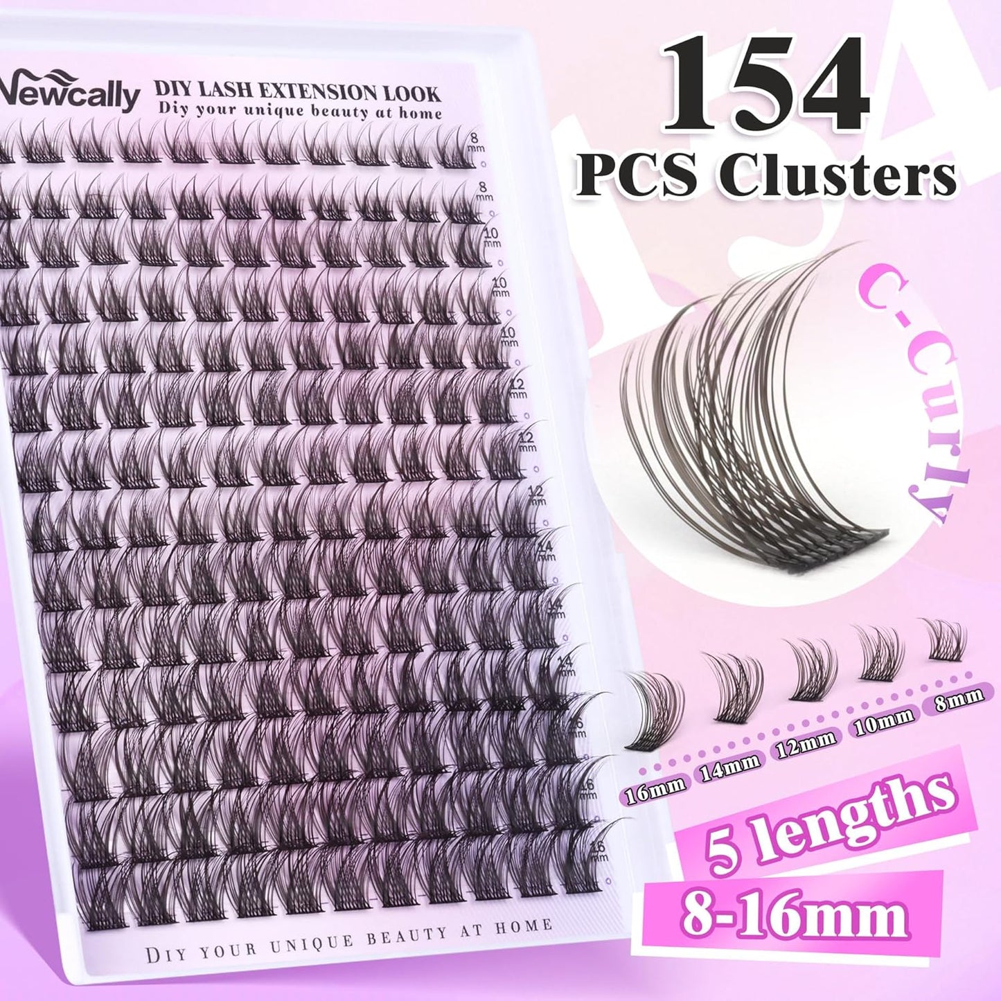 Natural Lash Clusters Kit DIY Lash Extension Kit Wispy Cluster Eyelash Extension 10-16MM C-curly Individual Lashes Kit Lash Bond and Seal by Newcally