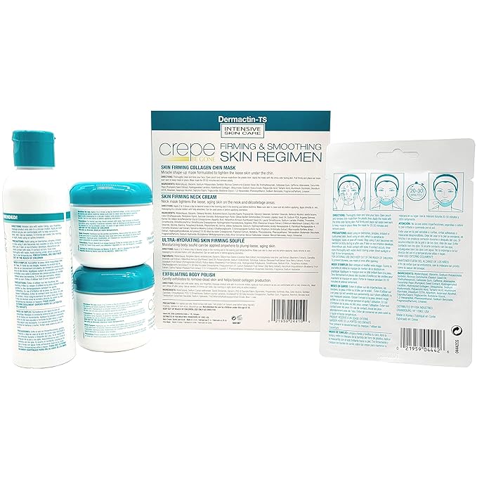 Dermactin-TS Crepe Be Gone Firming & Smoothing Skin Regimen 4-PC Set - Includes Skin Firming Neck Cream, Hydrating Skin Firming Soufle, Exfoliating Body Polish & Collagen Chin Mask