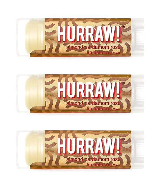 Hurraw! Almond, Cardamom, Rose (Vata) Lip Balm, 3 Pack: Organic, Certified Vegan, Cruelty and Gluten Free. Non-GMO, 100% Natural Ingredients. Bee, Shea, Soy and Palm Free. Made in USA