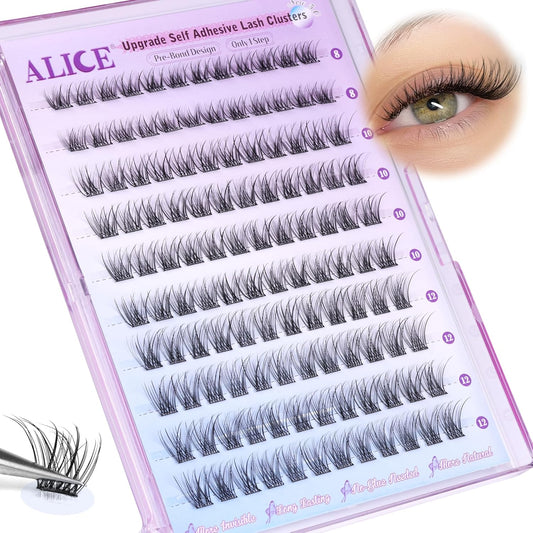 Self Adhesive Eyelashes Reusable Natural Self Adhesive Lash Clusters Wispy Press on Lashes Pre-Glue 8-12mm 120pcs C Curl DIY Eyelash Extensions Kit No Glue Needed by ALICE