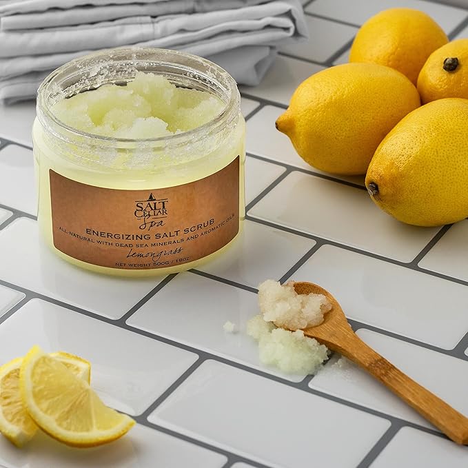 Salt Cellar Spa Energizing Lemongrass Salt Scrub - Awaken Your Skin with Dead Sea Minerals - Revive, Refresh, and Rejuvenate - Made in Israel, Cruelty-Free, 18 oz.