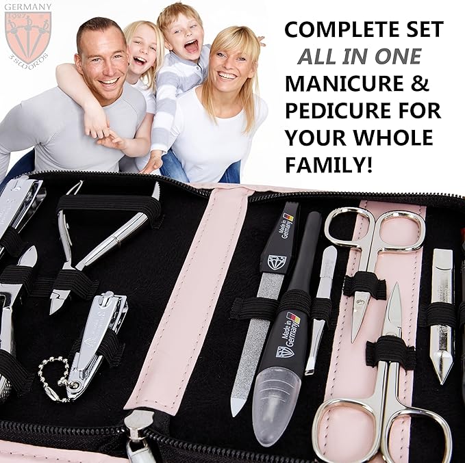 3 Swords Germany - brand quality 10 piece manicure pedicure grooming kit set for nail care scissors clipper pink synthetic leather case - Made by 3 Swords