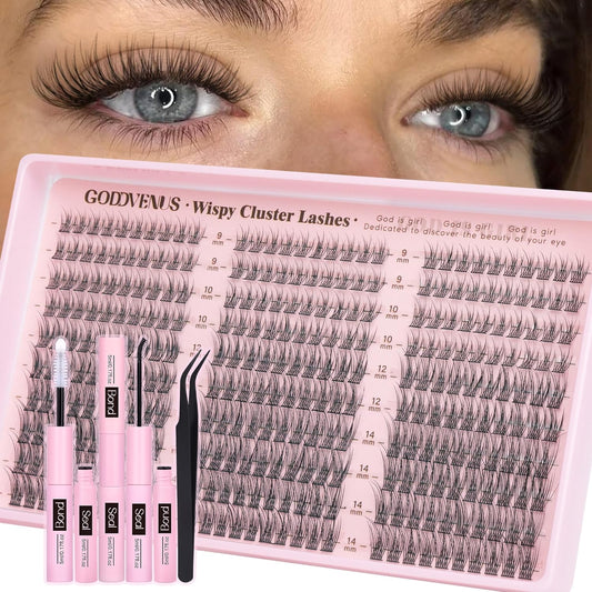 Lash Clusters Kit 9-14mm Wispy Eyelash Clusters Lashes Natural DIY Lash Extension Kit Short Cluster Eyelash Extensions Kit 300pcs C Curl Individual Lashes Cluster Eyelash (With Tweezers)