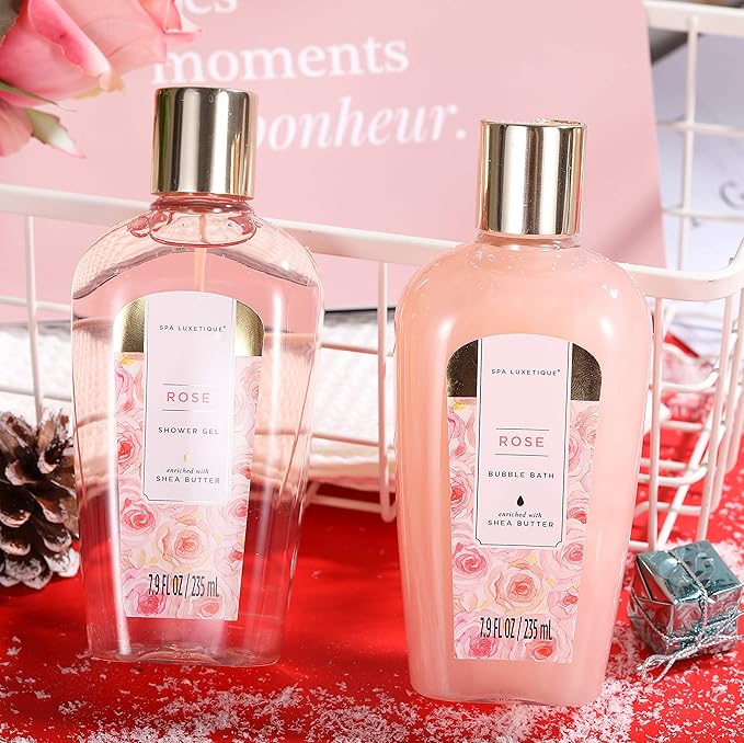 Spa Luxetique Spa Gift Set, Bath Gift Set for Women, 10 Pcs Rose Bath Set, Pink Tote Gift Bag with Shower Gel, Bubble Bath, Body Lotion, Hand Cream, Beauty Gifts for Women