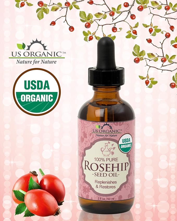 US Organic Rosehip Seed Oil, USDA Certified Organic, Cold Pressed, Virgin Organic, Amber Glass Bottle and Glass Eyedropper for Easy Application - 2 oz (56 ml)