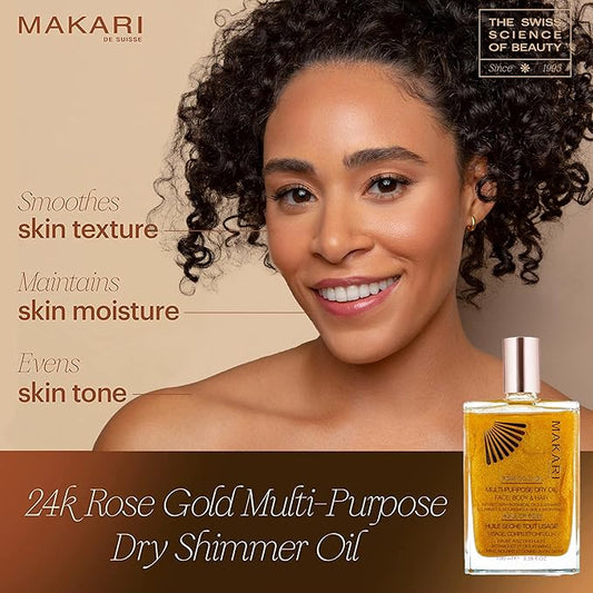 Makari 24K Rose Gold Multi-Purpose Dry Shimmer Oil (3.38 fl oz) | Body Shimmer Oil for Face, Hair and Body | Shimmer Body Oil with Real Gold Flakes | Luxurious Dry Body Oil and Shimmering Body Oil