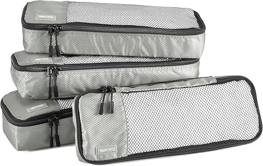 Amazon Basics Slim Packing Cubes for Travel, Packing Organizers, 4-Piece-Set With Double Zipper Pulls and Mesh Top Panel, 100% Durable Polyester, Gray, 14"L x 5"W x 3"H