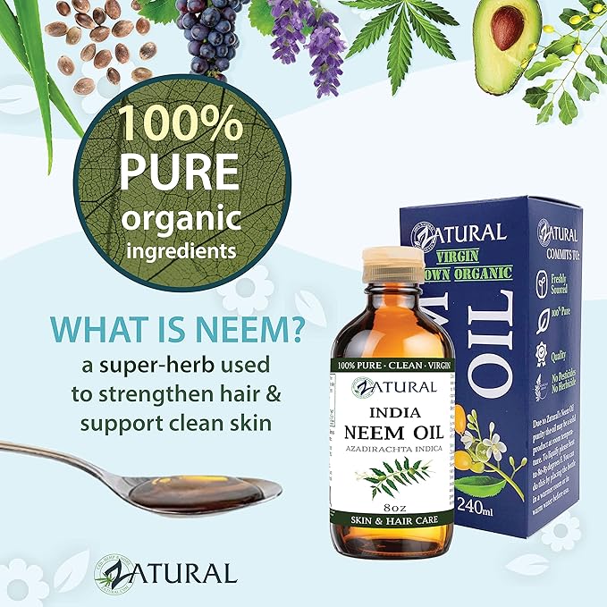 Zatural Organically Grown Neem Oil 100% Pure Cold Pressed Seed Oil Uses for Hair, Skin, and Nails, & Outdoor 8oz
