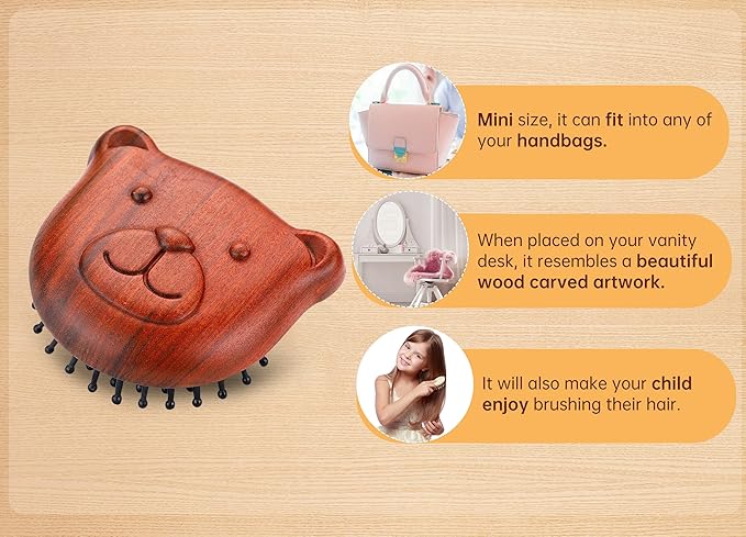 PERFEHAIR Wooden Scalp Massager Brush - Pack of 2, Cute Mini Bear Face-Shaped Paddle Hairbrush Comb for Men & Women's Massage, Hair Growth & Detangling