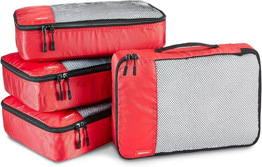 Amazon Basics Medium Packing Cubes for Travel, Packing Organizers, 4-Piece-Set With Double Zipper Pulls and Mesh Top Panel, 100% Durable Polyester, Red, 13.8"L x 9.8"W x 3"H