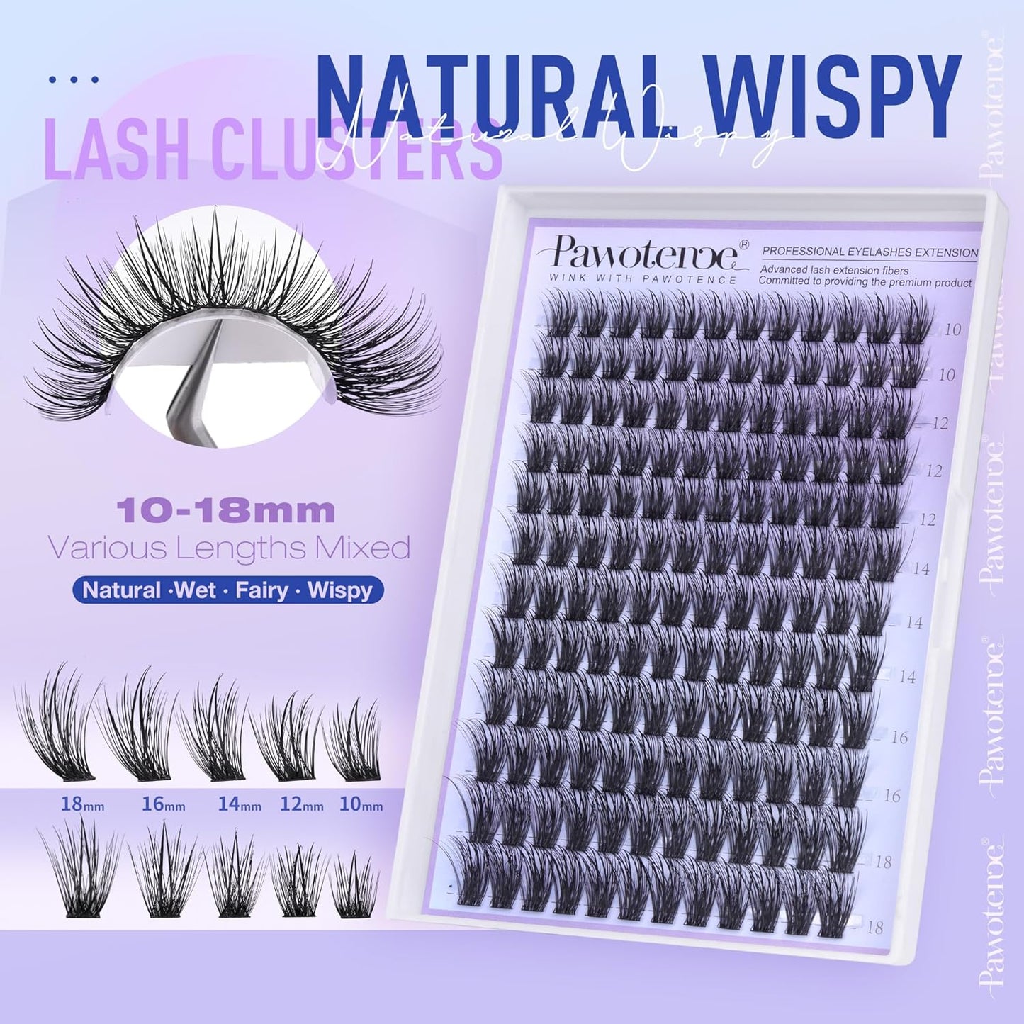 Pawotence Lash Clusters Fairy Eyelash Clusters 10-18mm Wispy Lashes Cluster Eyelash Extensions 144pcs Wet Individual Cluster Lashes Full False Eyelashes for DIY Lash Extension