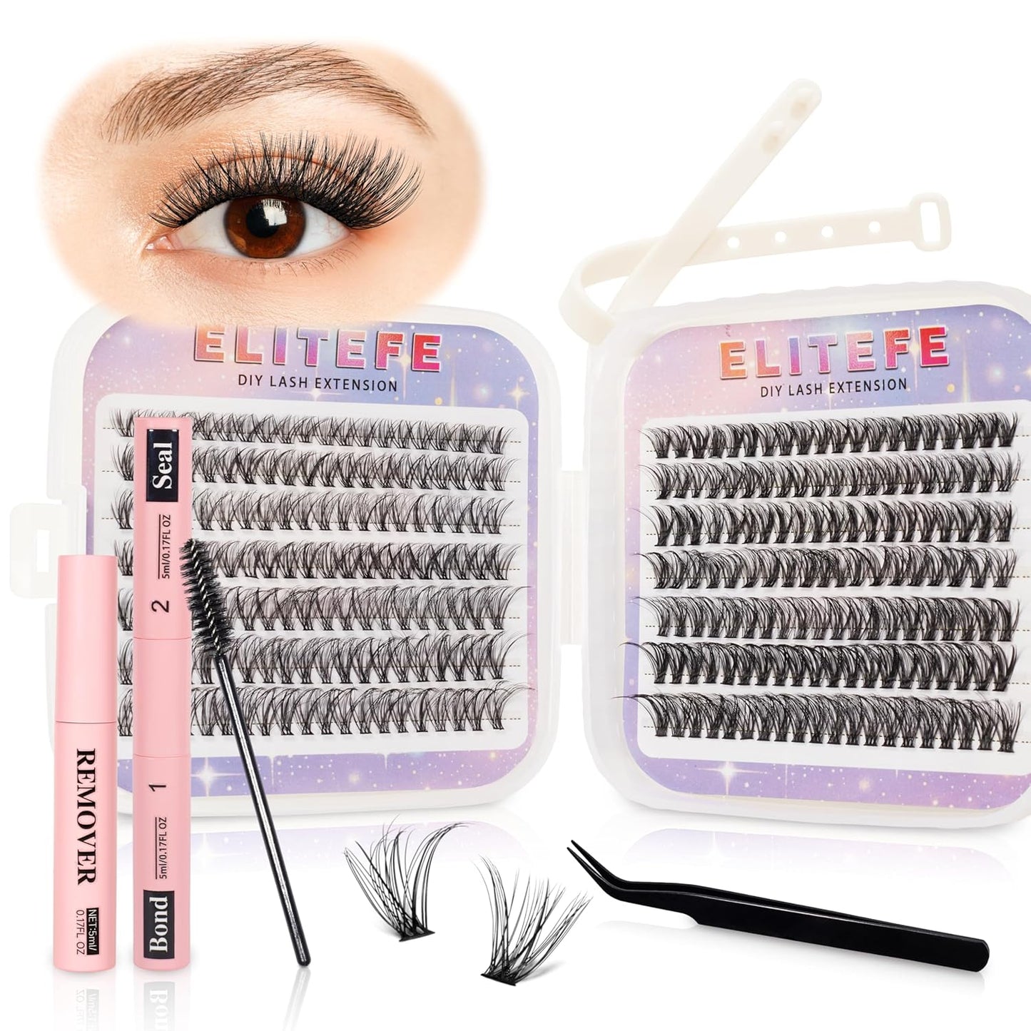 Lash Extension Kit DIY Lash Clusters Kit Eyelash Extensions Individual Lashes Extensions with (BondSeal,Tweezers,Remover,Brush,280,30D40D, 9-16)