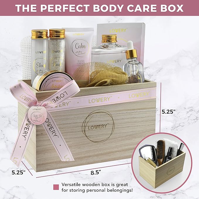 Mothers Day Bath Gift Set - Home Spa Gift Basket with Milky Coconut, Vitamin E & Shea Butter with Shower Gel, Bath Salt & Crystals, Body Scrub, Hand Cream, Body Oil, Bath Pillow, Wooden Crate & More