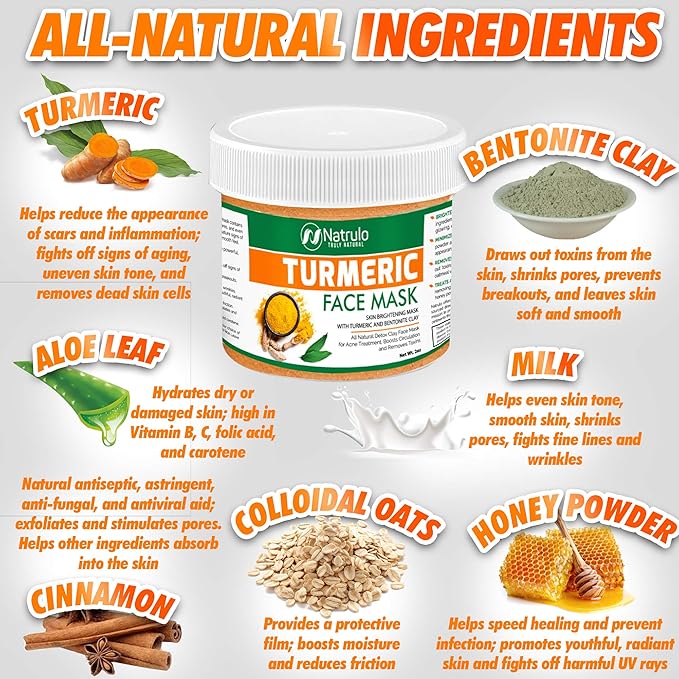 Natrulo Turmeric Face Mask - Skin Brightening Mask with Turmeric and Bentonite Clay - All-Natural Face Mask for Acne Treatment - Boosts Circulation and Removes Toxins - Turmeric Detox Clay Face Mask