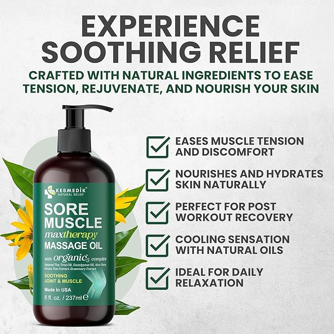 Sore Muscle Massage Oil with Arnica, Tea Tree & Eucalyptus Oils, Massage Oil for Massage Therapy, Muscle Relief, Relaxation, Tension & Skin Softening for Professional & Home Use (Pack of 2)