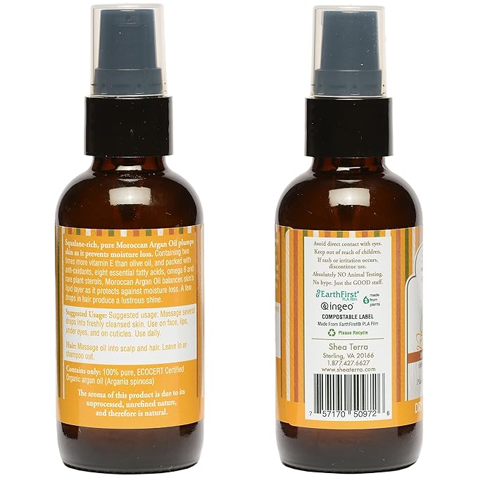 Shea Terra Moroccan Argan Cold-Pressed Extra Virgin Oil | Nutrient-Rich, All Natural & Organic Oil with Anti-Aging Vitamin A and E to Increase Skin Elasticity for Dry, Mature Skin – 2 oz