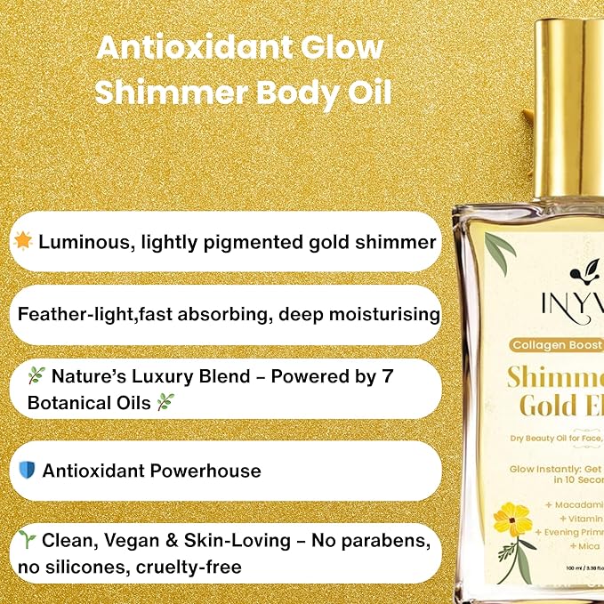 Dry Body Oil Collection | Nourishing & Lightweight Oils| Gold Shimmer & Elixir Radiance Variants | Non-Greasy, Quick-Absorbing Formula | Vegan & Cruelty-Free (Gold Shimmer, 3.38 Oz)