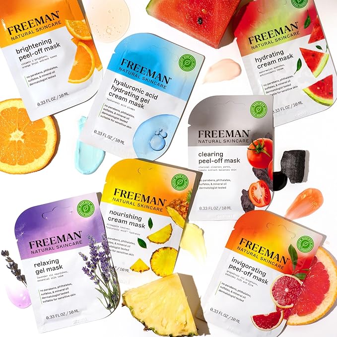 Freeman Naturals Facial Mask 12 Piece Variety Bundle, Peel-Off, Gel & Cream Face Masks, Hydrating, Brightening, & Nourishing Skincare, Natural Ingredients, Travel Size, 0.33 fl. oz./10 ml Sachets