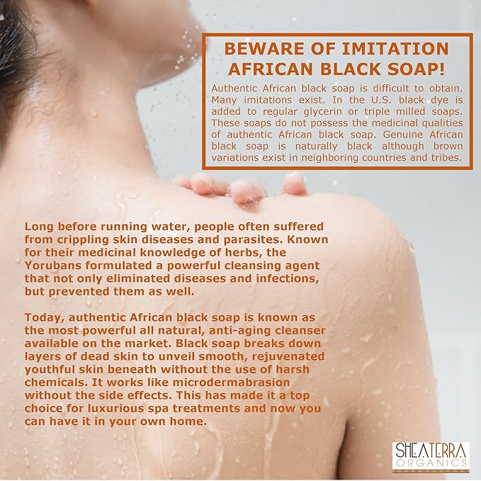 Shea Terra Organics African Black Soap Powder | Natural Skin Care for Acne, Eczema, Dry Skin, Psoriasis, Wrinkles, and More - Home Spa Treatment Full Body Wash - 8 oz