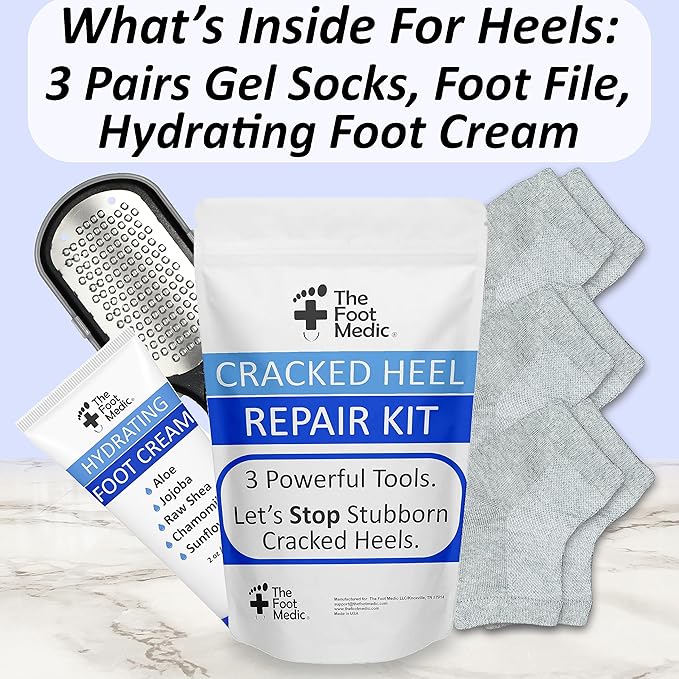 Cracked Heel Repair Kit: Moisturizing Socks, Foot Cream & Foot File, Cracked Heel Treatment, Heel Socks, Silicone Toeless Socks, Spa Gel Socks for Dry Cracked Feet Women, Pedicure Socks