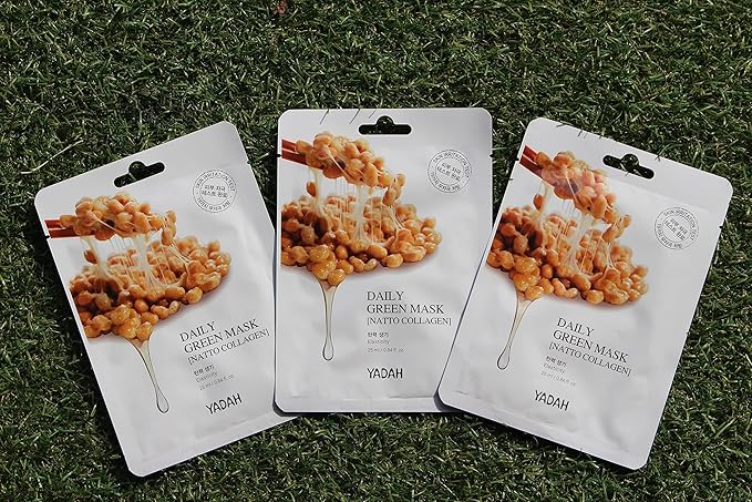 YADAH Daily Green Facial Sheet Mask, Natto Collagen, Pack of 5 – Vegan 100% Eco-friendly Mask Sheet for Skin Elasticity