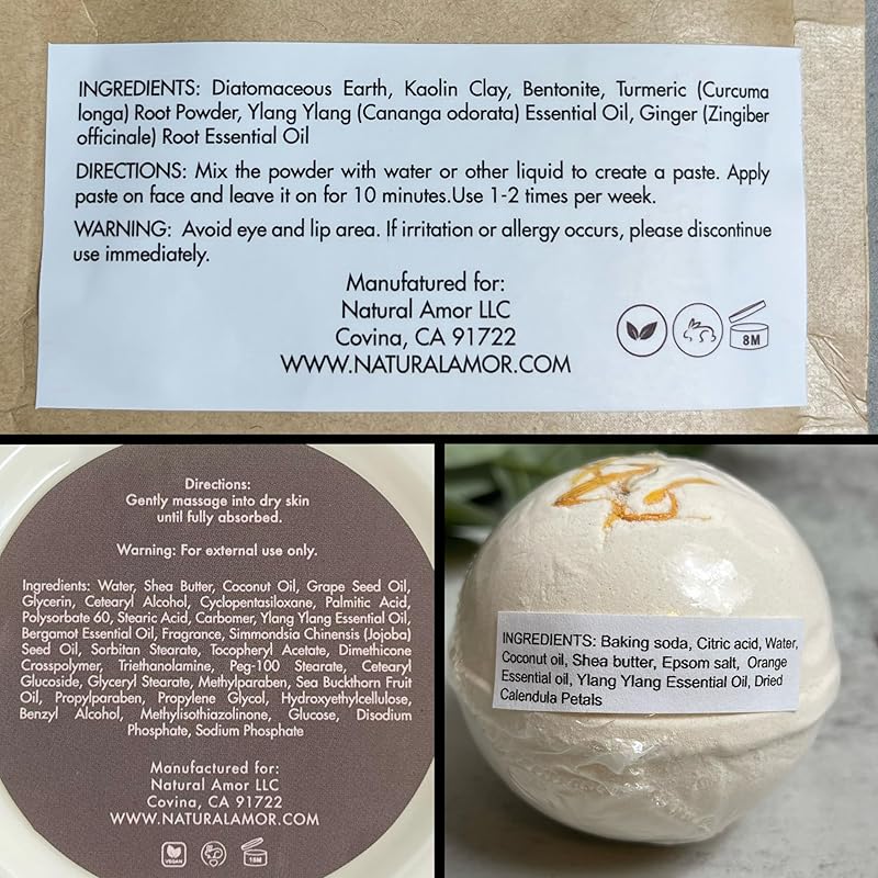 Natural Amor Citrus Handmade Bath Body Gift Set,4pcs Self Care Gift for Women,Includes Soap Bar, Bath Bomb, Clay Mask, Body Butter- Thank you Gift for Pampering