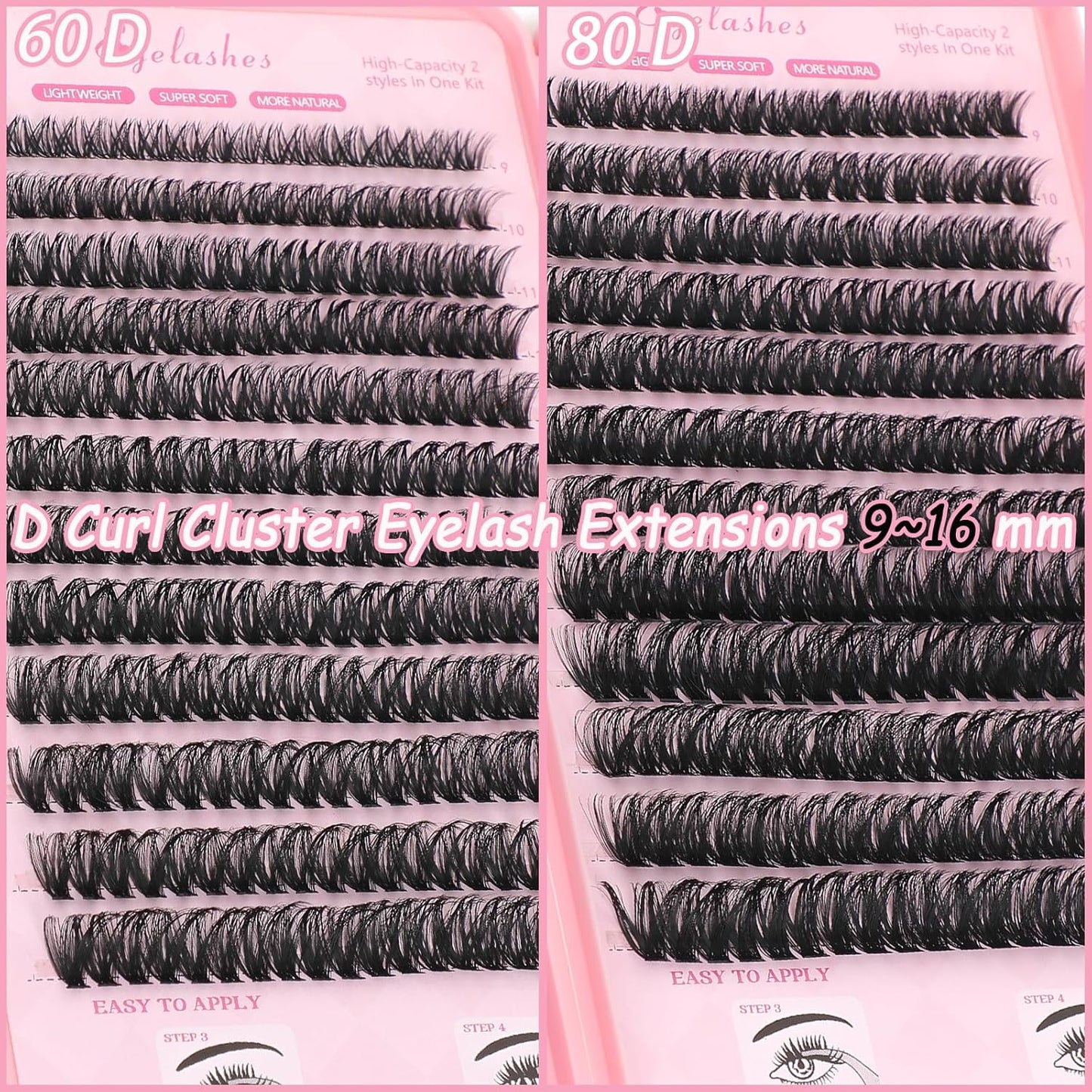 Lash Clusters Kit, Eyelash Clusters Individual Lash Extension Kit 480 Pcs D Curl Flufffy Wispy False Eyelashes Extensions Thin Band with Bond Seal Tweezers Brush Remover (60D+80D Kit 9-16mm)