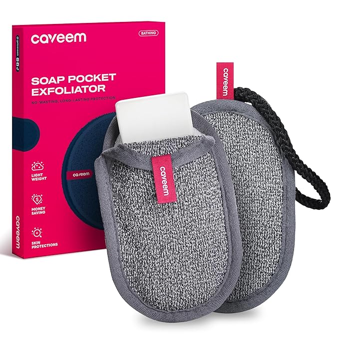 Caveem's Exfoliating Glove (2 Pack) & Soft Soap Bag (2 Pack) – Deep and Gentle Exfoliation for Remove Dead Skin