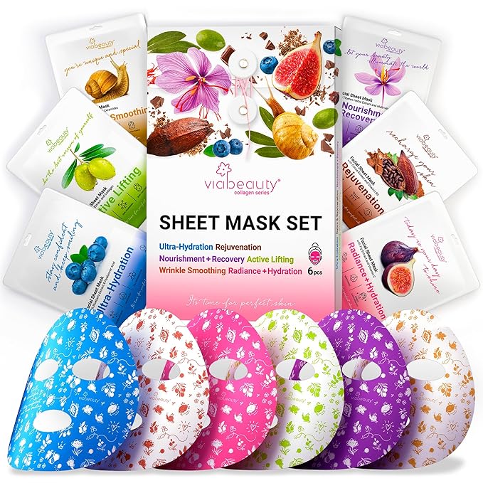 6 Pack of Sheet Face Masks Skincare - Collagen Face Mask Sheets with Hyaluronic Acid, Vitamin C, Snail Mucin - Facial Sheet Mask for Hydrating, Moisturizing, Rejuvenating