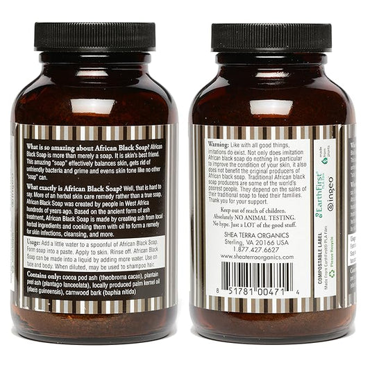 Shea Terra Organics African Black Soap Powder | Natural Skin Care for Acne, Eczema, Dry Skin, Psoriasis, Wrinkles, and More - Home Spa Treatment Full Body Wash - 8 oz